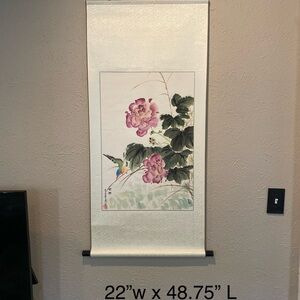 Elegant Floral Tapestry with Hummingbird - Pink and Green